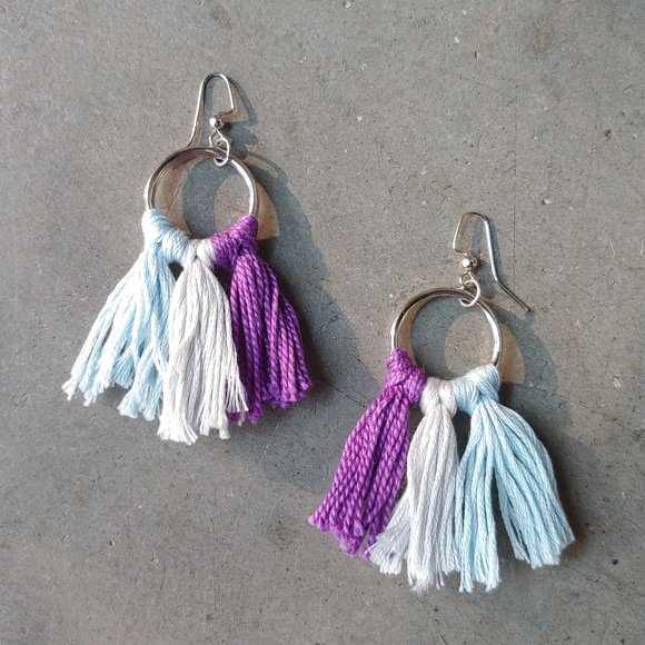 Handmade Boho Purple and Blue Fringe and Bead Dangle Earrings Set - Picture 6 of 12